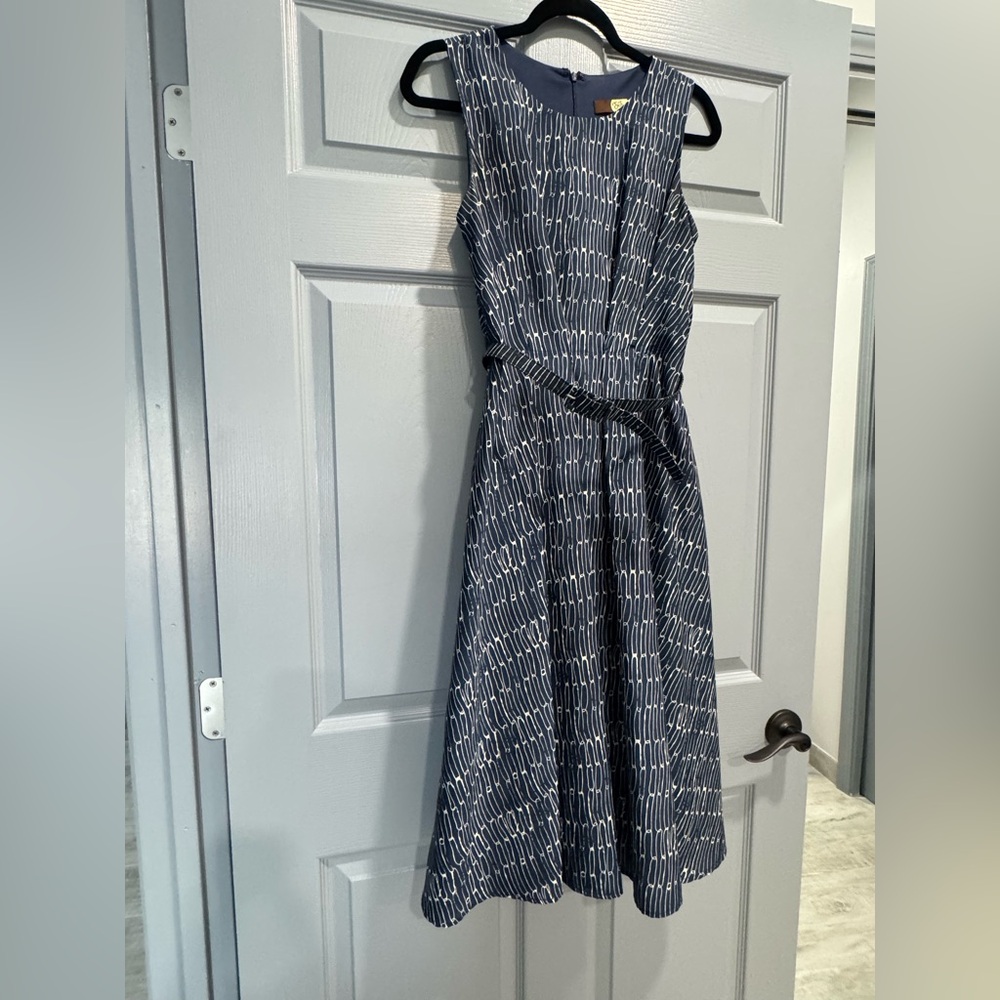 Eva Franco Blue and White Patterned Midi Dress